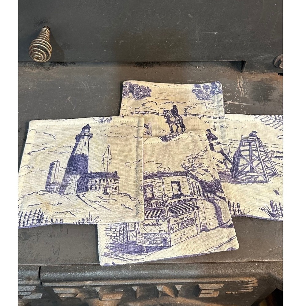 Sonia O'Mara NYC Fabric Toile Coasters Set of‎ 4 Blue White Lighthouse Horse
